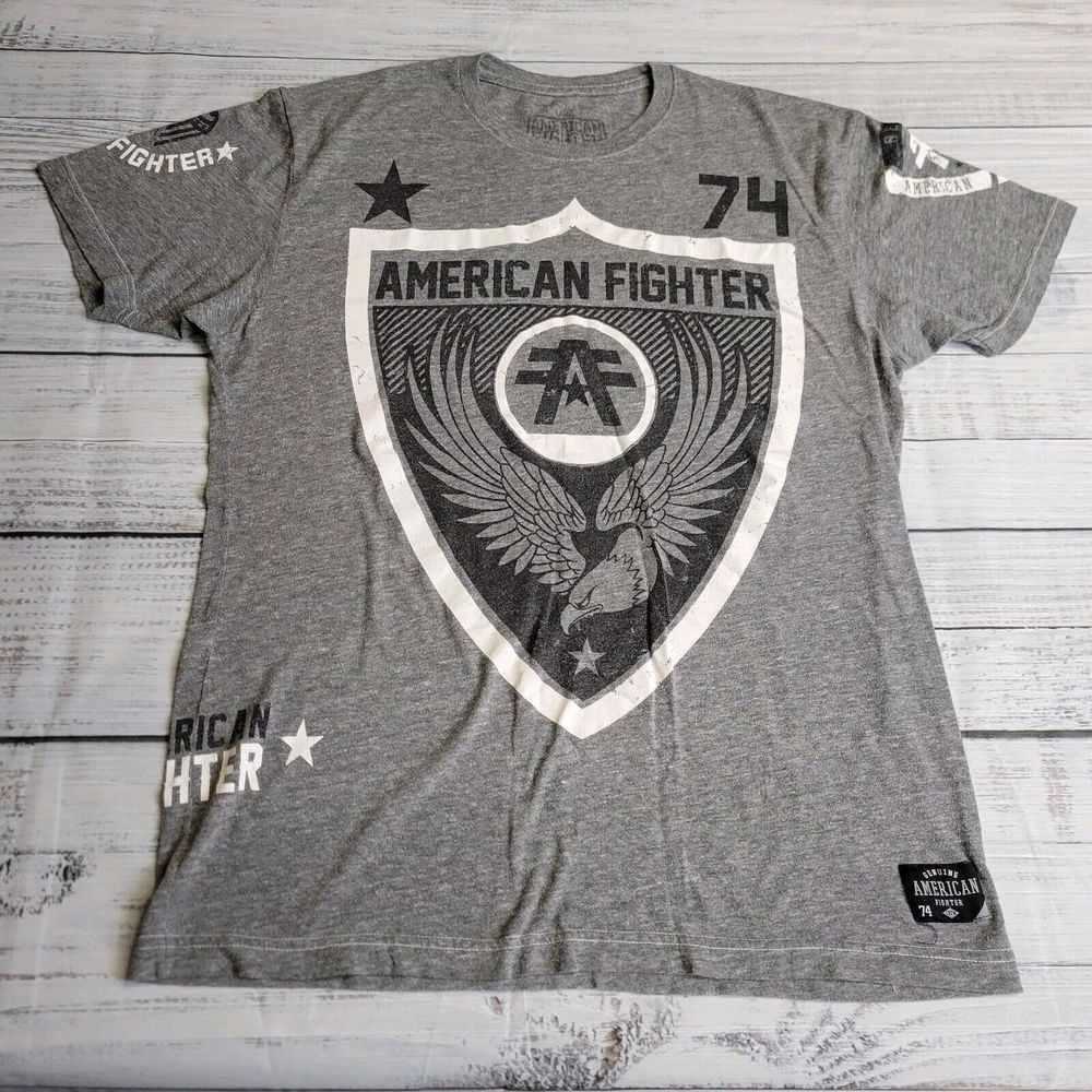 American Fighter Shirt Mens Large Gray Graphic‎ Premium Athletic MMA Gym Workout